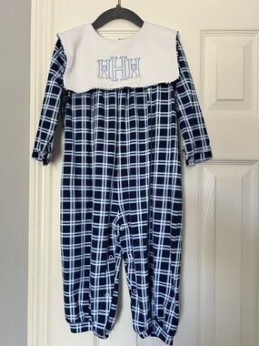 Cecil and Lou Navy And Blue Windowpane Plaid Knit Long Romper monogram WHW